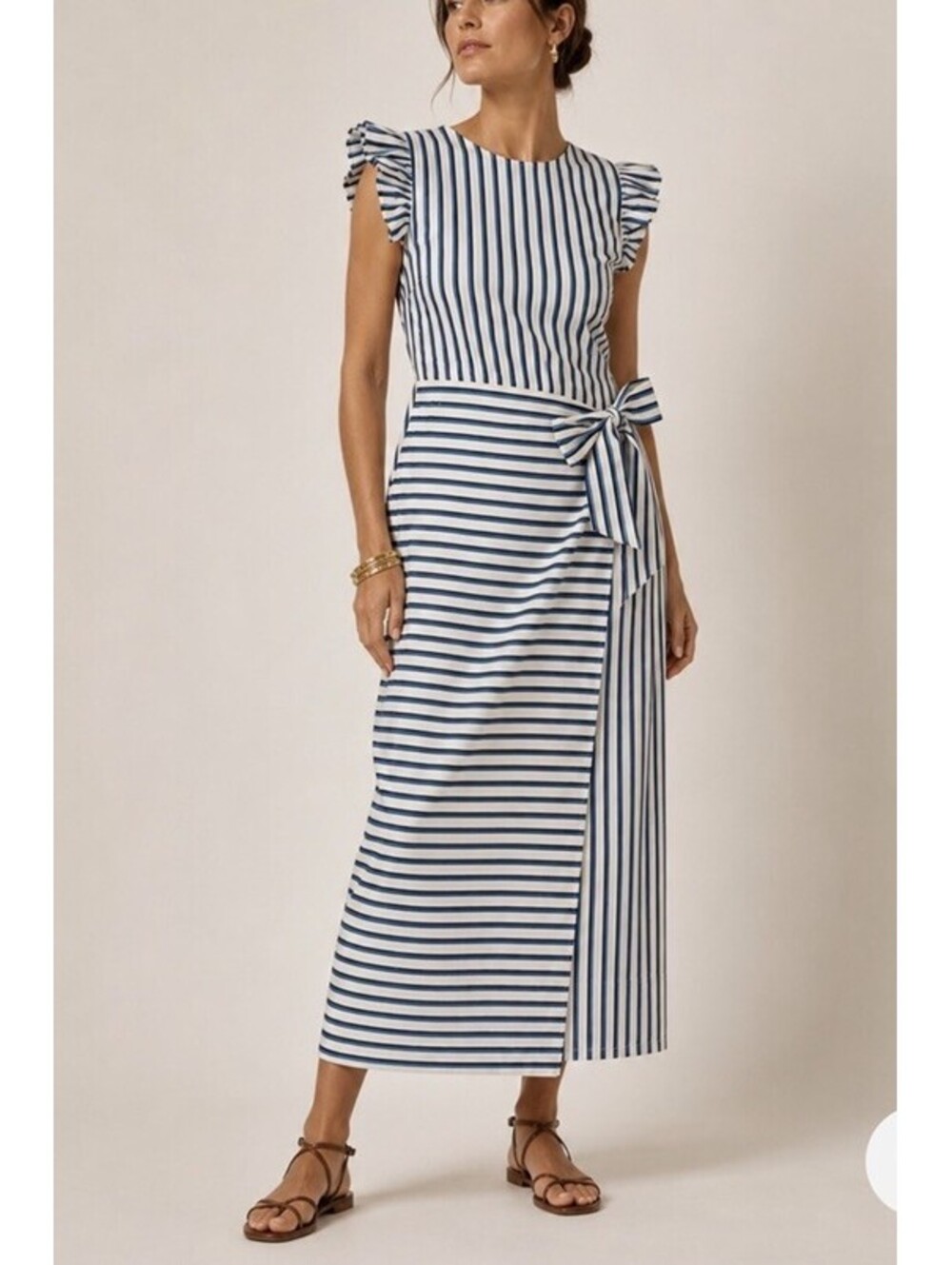 Cleobella Greta Blue White Stripe Linen Midi Dress Ruffle Size M Retail $268